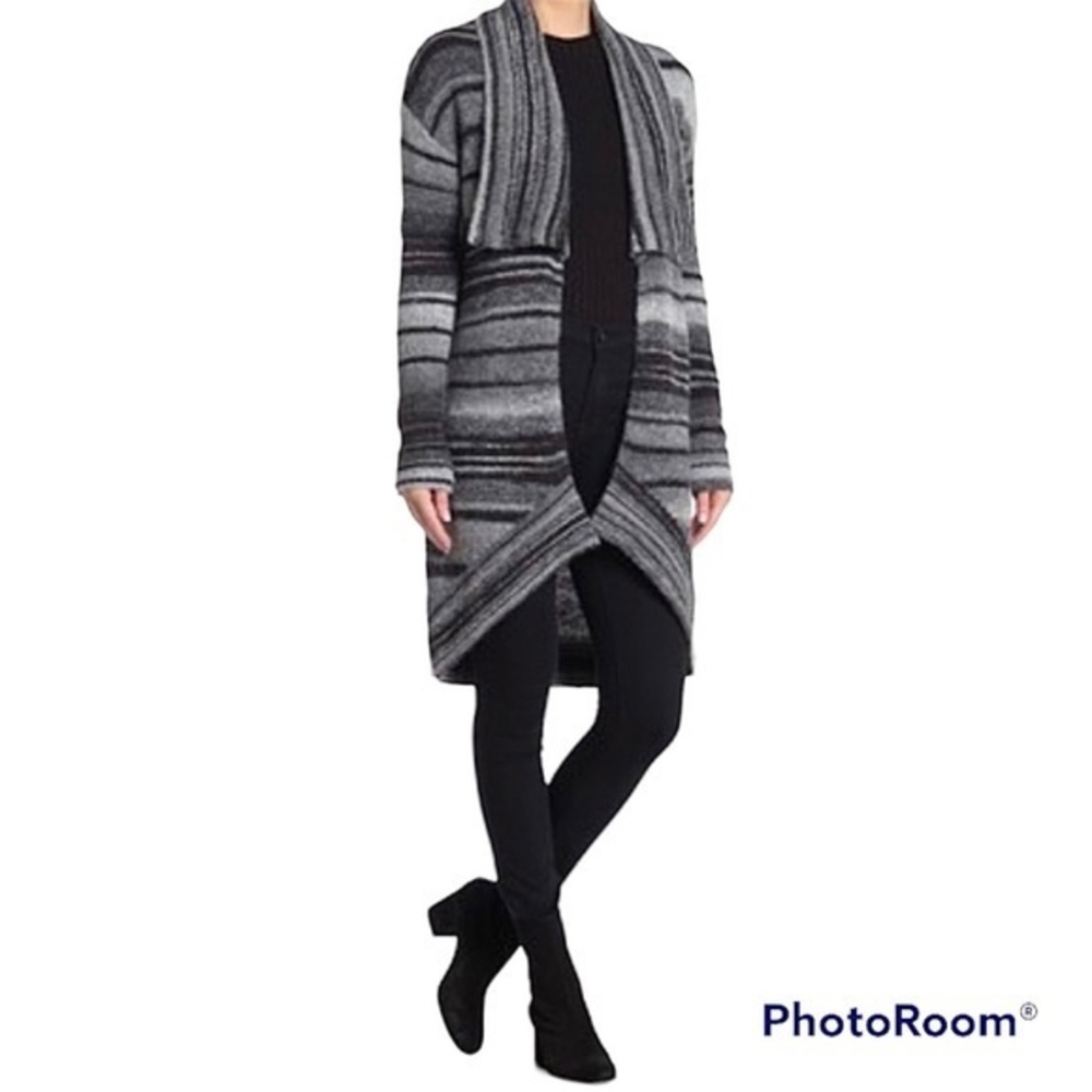 Tart Eaven Wrap Black Gray Open Front Striped Shawl Collar Cardigan XS Chic